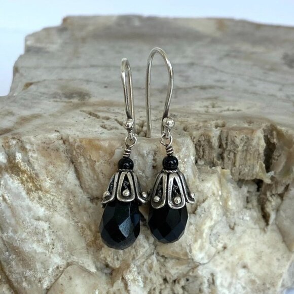 Sterling Silver 925 1.5" Checkerboard Faceted Black Glass Beaded Dangle Earrings - Picture 4 of 16